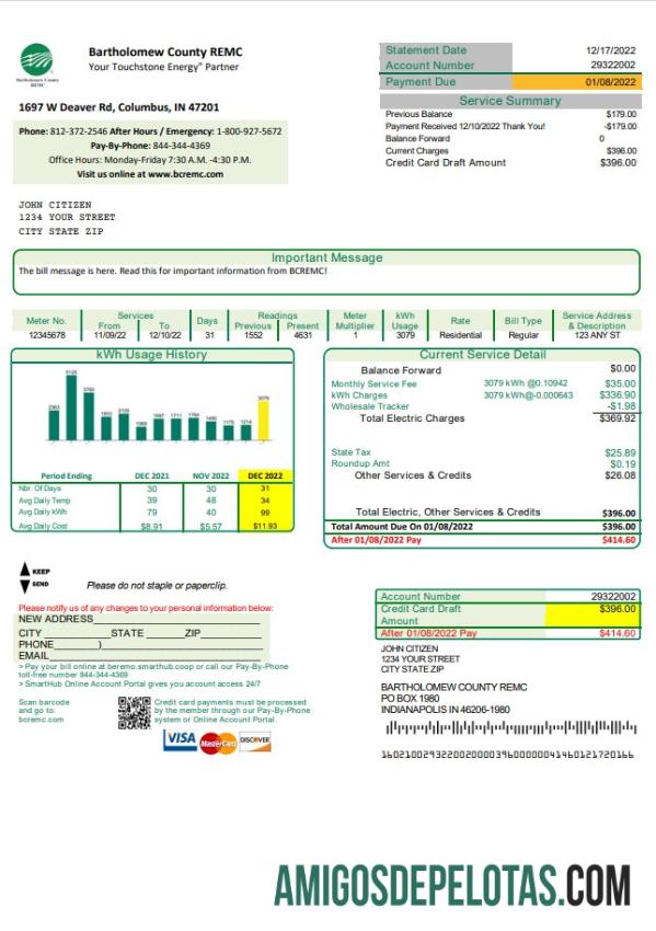Para baixar modelo de conta de serviços públicos REMC do condado de Indiana Bartholomew dos EUA em formato Word e PDF